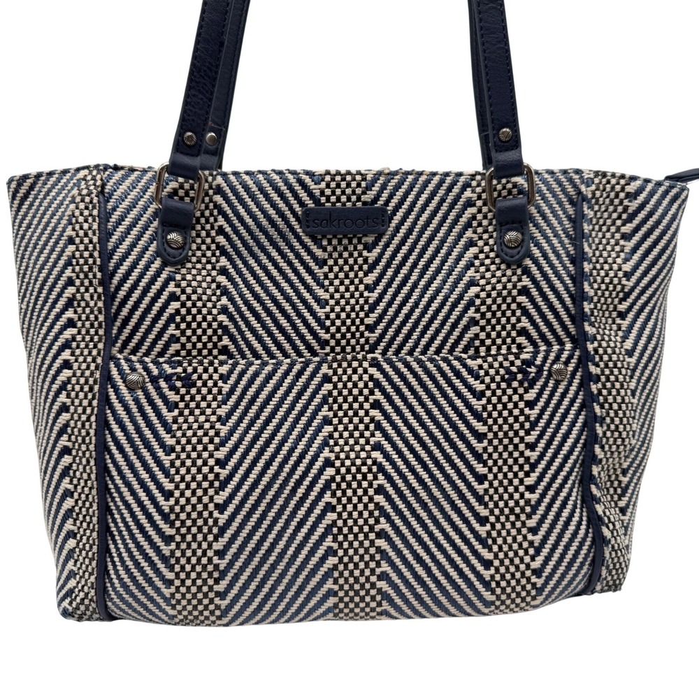 Sakroots Tote Bag Medium Navy Blue Woven Geometric Chevron Zip